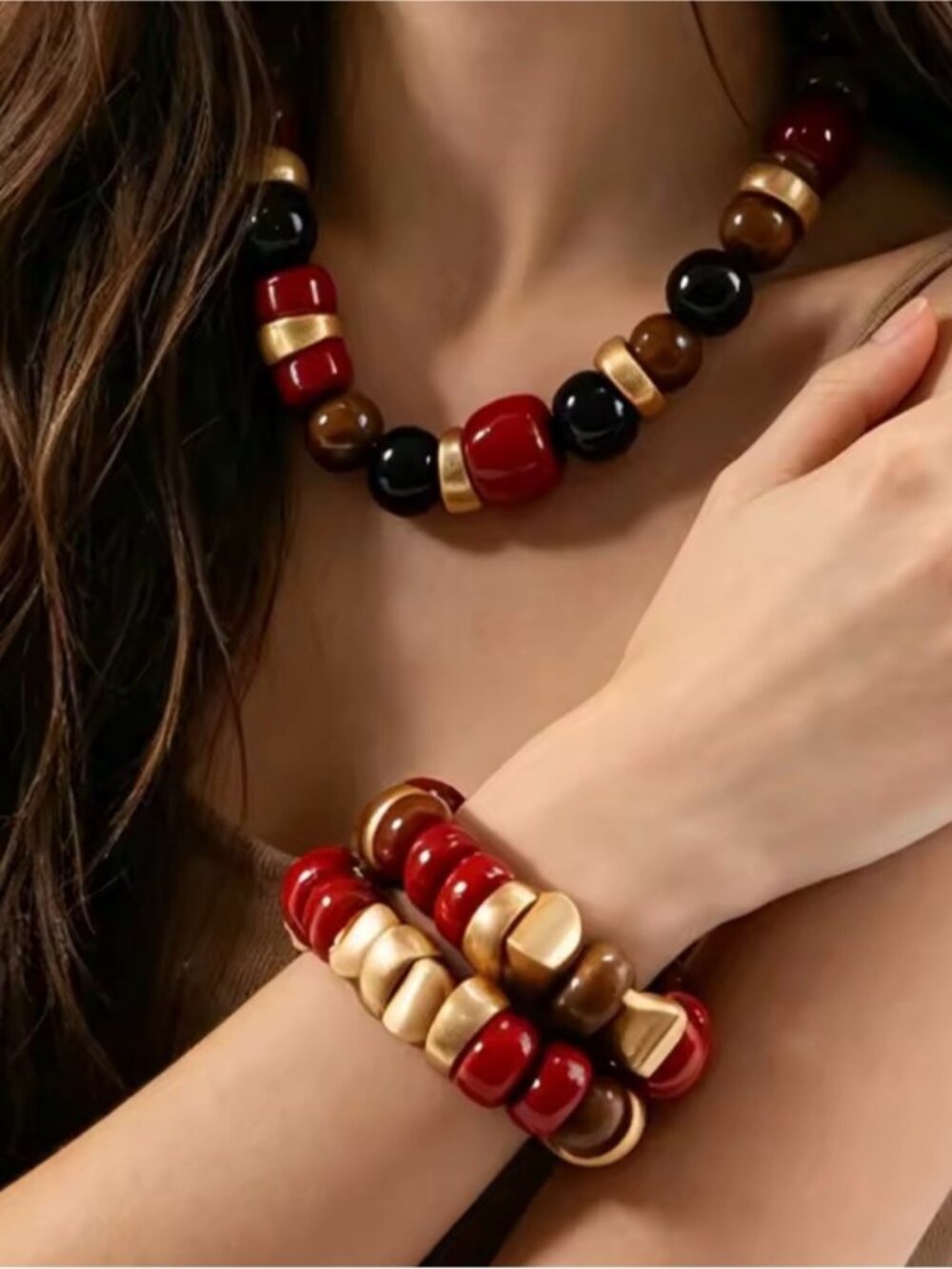 Gold and Red tones Beaded Stretch Bracelet - Women Jewelry